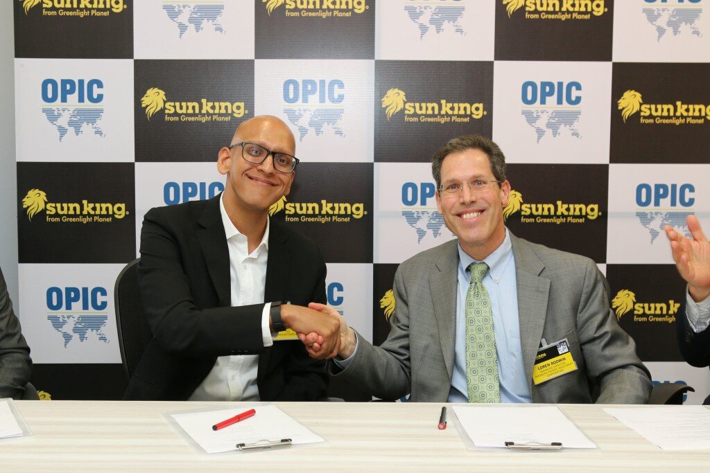 Photo: Anish Thakkar, CEO and Co-Founder of Greenlight Planet, shakes hands with Loren Rodwin, OPIC’s Managing Director of Small and Medium Enterprise Finance, after finalizing $5 million of OPIC support to Greenlight Planet, a provider of affordable off-grid solar energy systems to homes and businesses across the developing world.