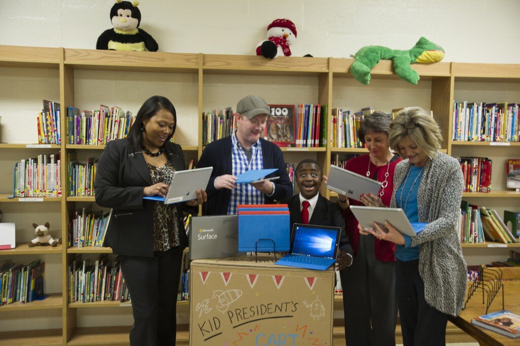 Myself and Robby Novak, Kid President, teaming up with Microsoft to ‘Upgrade the World’ for students with Surface 3s on Windows 10 at the Jackson, Tennessee, Lincoln Magnet School for Mathematics & Science on December 16, 2015 