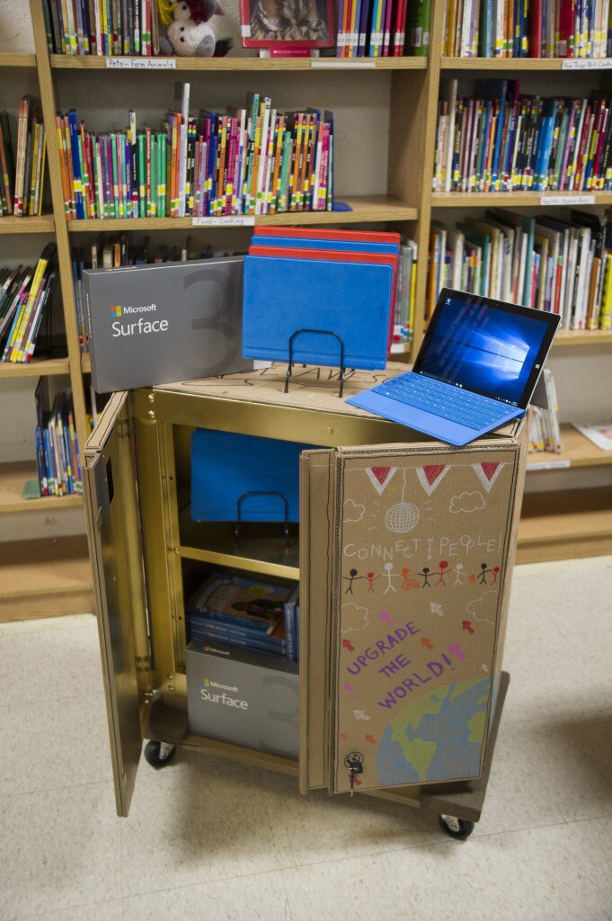 Microsoft and Kid President donate a ‘Cart of Awesome’ loaded with Surface 3s on Windows 10 to the Jackson, Tennessee, Lincoln Magnet School for Mathematics & Science on December 16, 2015 as part of Microsoft’s ‘Upgrade Your World’ campaign