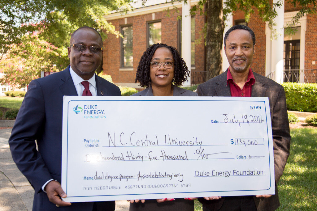 (From L to R): Dr. Johnson O. Akinleye, NCCU Provost and Vice Chancellor for Academic Affairs; Ms. Indira Everett, Duke Energy District Manager; Dr. Caesar R. Jackson, NCCU Professor of Mathematics and Physics