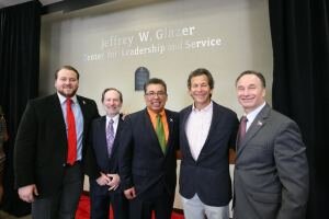 (From left to right) J. Cole, president Associated Students; Geoff Chase, dean of Undergraduate Studies; Eric Rivera, Vice President for Student Affairs; Jeff Glazer; and President Elliot Hirshman. 
